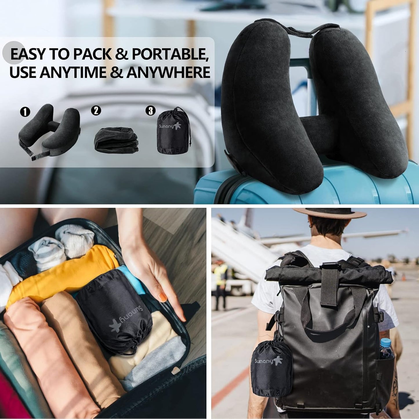 Sunany Neck Pillow for Travel Inflatable Airplane Pillow Comfortably Supports Head, Neck and Chin, Inflatable Travel Pillow with Soft Velour Cover and Portable Drawstring Bag (Black)