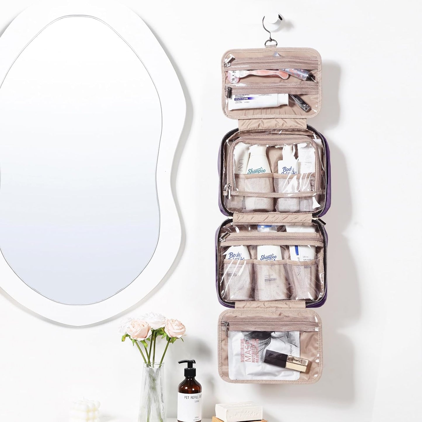 NISHEL Travel Toiletry Bag for women, Portable Hanging Organizer for Travel-Sized Shampoo, Conditioner, Brushes Set, Makeup Accessories, Medium Size, Purple