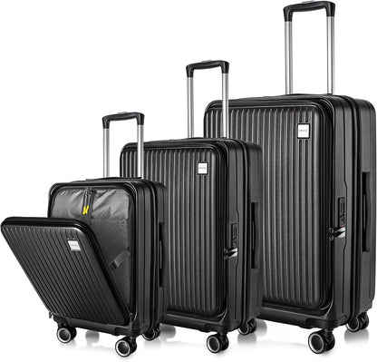 Luggage Sets 3 Piece, ABS Lightweight 20in/24in/28in Luggage, Expandable Carry On Suitcase Set with TSA Lock & Double Wheels, Front Open Hardshell Luggage Sets (Black)