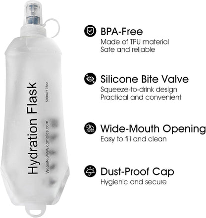 GYGYL Soft Flask, TPU Collapsible Soft Water Bottle for Hydration Pack, Running Vest, Leak-Proof Folding Water Bottle for Hiking Cycling Climbing Jogging-500ml White, 2pcs