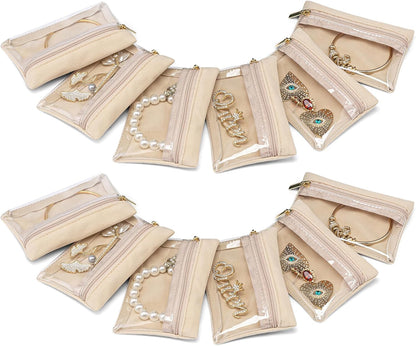 Vlando 12 Pcs Travel Jewelry Organizer Velvet Jewelry Pouch with Zipper Clear Travel Jewelry Bag for Travel Business Trip Mother‘s Day Gift for Mom Wife Women