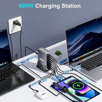 600W Fast USB C GaN Ⅲ Pro Charger Block,8 Port Charging Station,Dual 140W PD3.1 PPS Fast Charging Station for Multiple Devices Laptop Wall Charger Compatible with MacBook/iPhone 16/iPad etc
