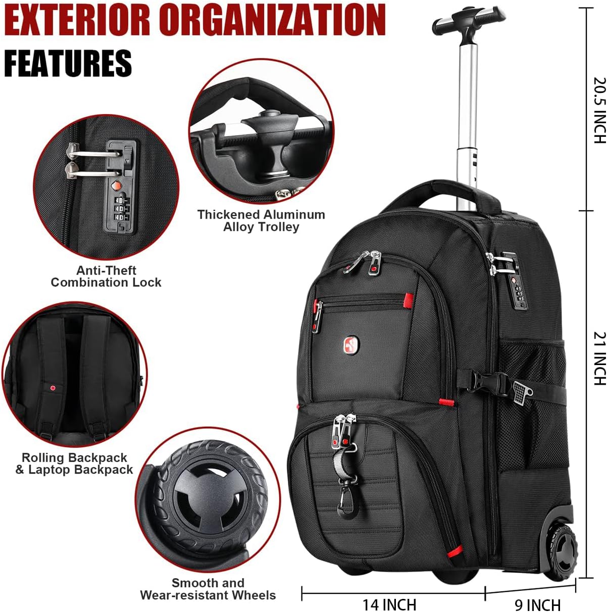 star cloud 21x14x9 Rolling Backpack with Wheels - Water-Resistant, 17.3" Laptop Compartment, Ideal Carry-On for Overnight Travel, College, Work - Wheeled Business Backpack for Adults