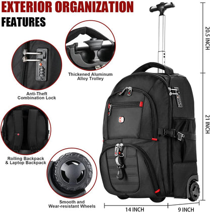 star cloud 21x14x9 Rolling Backpack with Wheels - Water-Resistant, 17.3" Laptop Compartment, Ideal Carry-On for Overnight Travel, College, Work - Wheeled Business Backpack for Adults