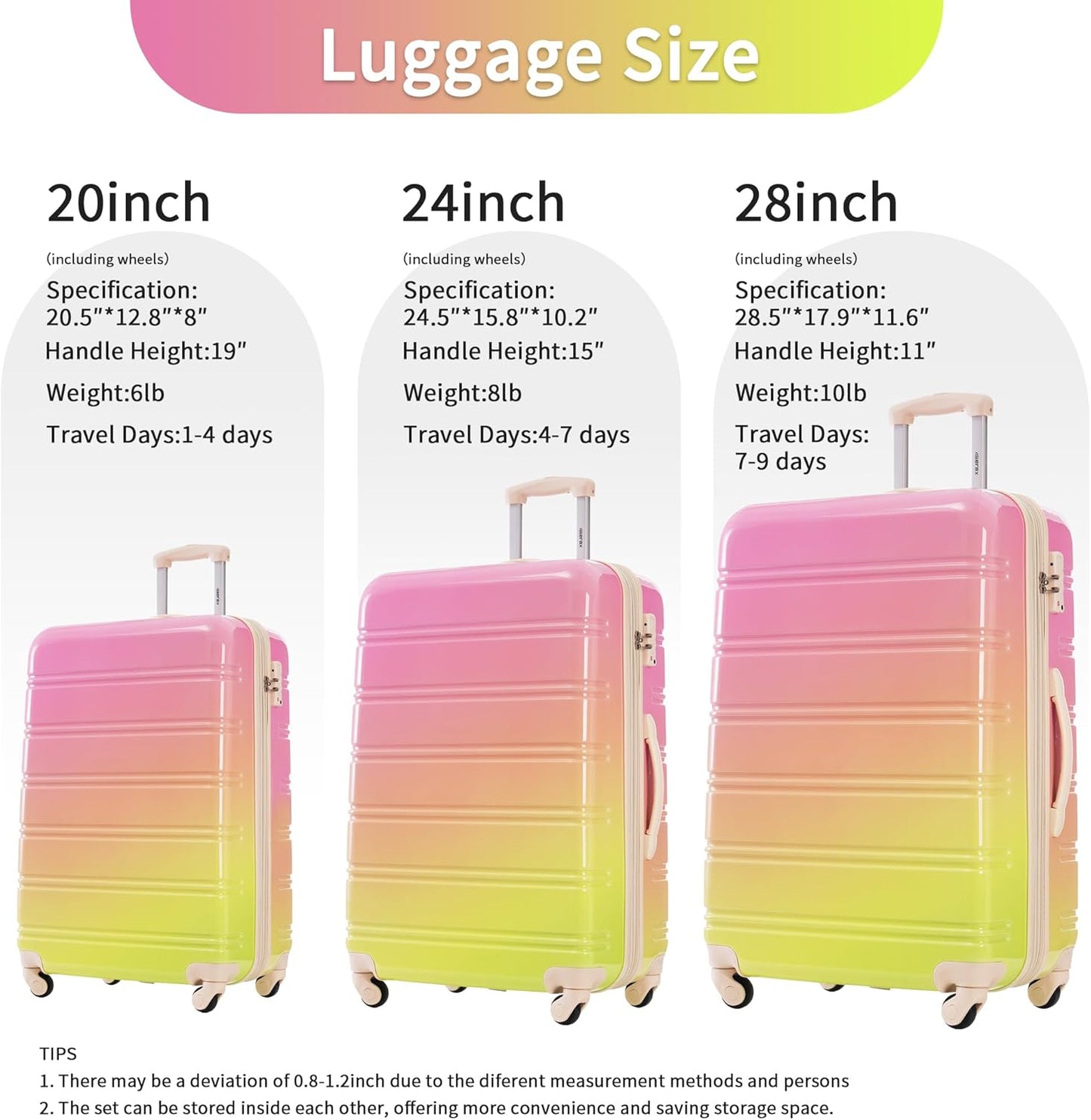 Merax Luggage Sets 3 Piece, Hardside Expandable Suitcase Set with Spinner Wheels, Lightweight Gradient Color Luggage 20+24+28 IN,Gradient Pink