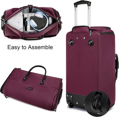 Modoker Rolling Garment Bags, Large Garment Duffle Bag with Wheels, 3 in 1 Garment Suit Luggage Bag for Women Men Business Travel Weekender, Red