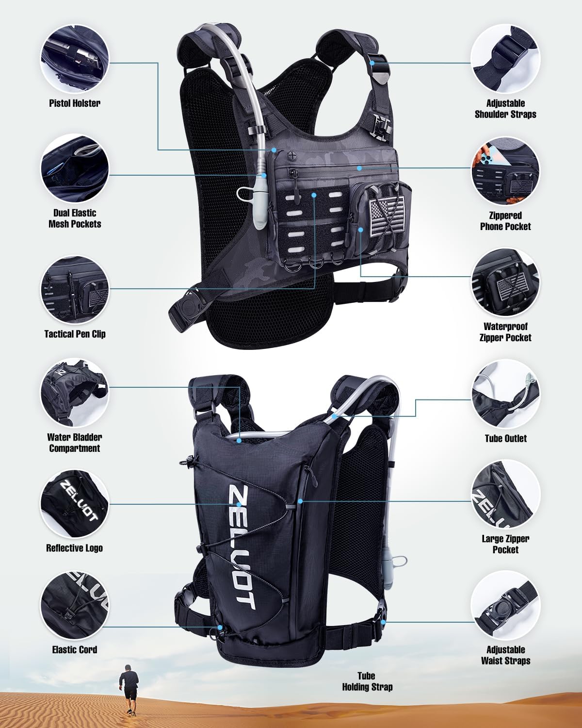 Running Vest with 2L Water Bladder, USA Original Patent, Lightweight Adjustable Chest Pack with Pistol Holster, Reflective Running Hydration Vest for Women Men for Marathon