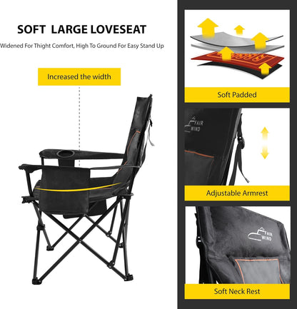 FAIR WIND Oversized Padded Camping Chair with Footrest Stool Set Heavy Duty Support 300 LBS Cooler Bag Chair - Black