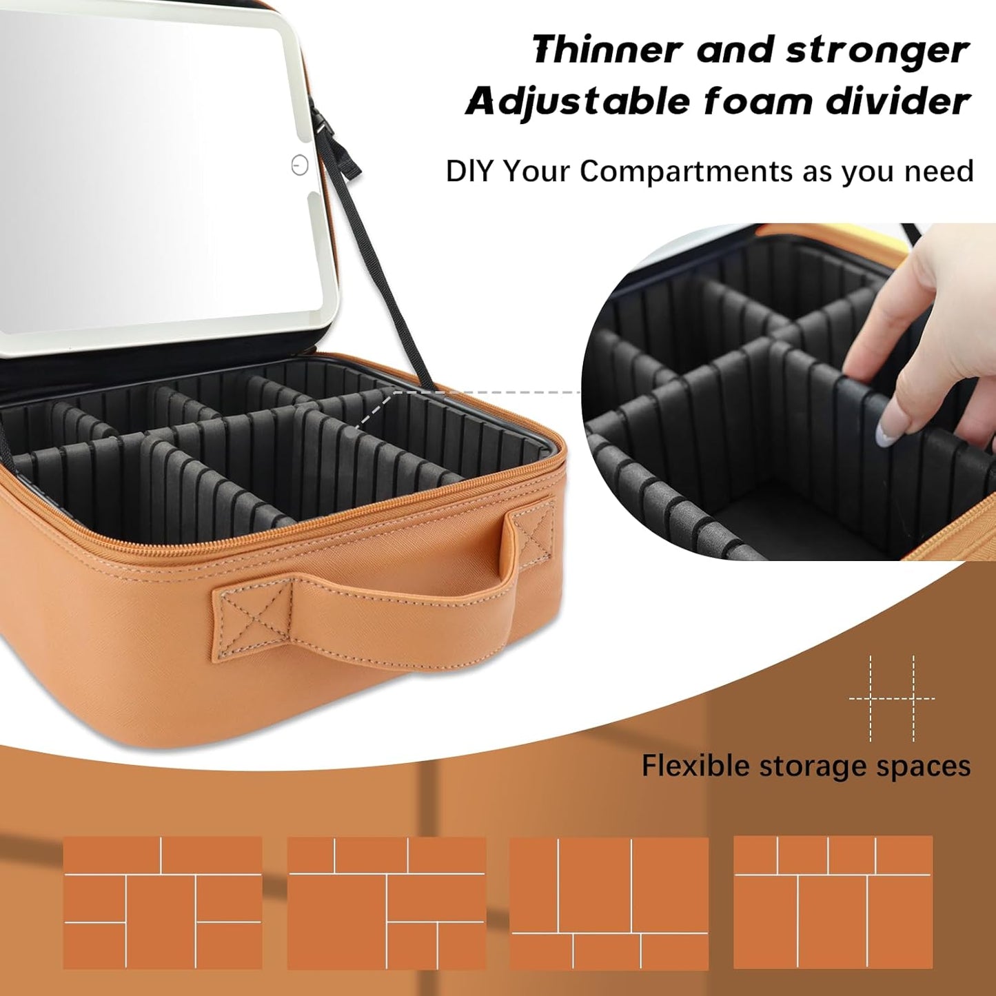 Makeup Bag with Led Mirror,Travel Makeup Organizer with 3 Color Setting, Portable Storage and Adjustable Dividers Travel Makeup Bag(light brown)