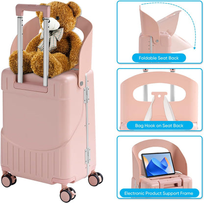 TABU 20" Ride-on Luggage with Seat For Kids & Adults，Carry On Hardshell Ride On Suitcase with 360° Lockable Spinner and TSA Lock, Pink