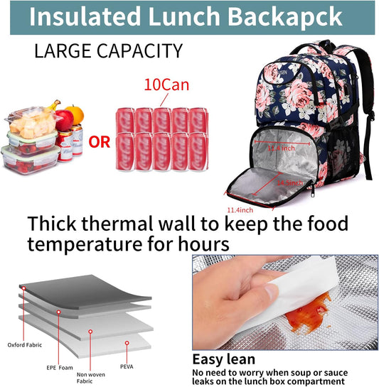 HILUSEN Lunch Cooler Backpack for Women, Extra Large 17 inch Travel Laptop Backpack with USB Charging Port, Water Resistant