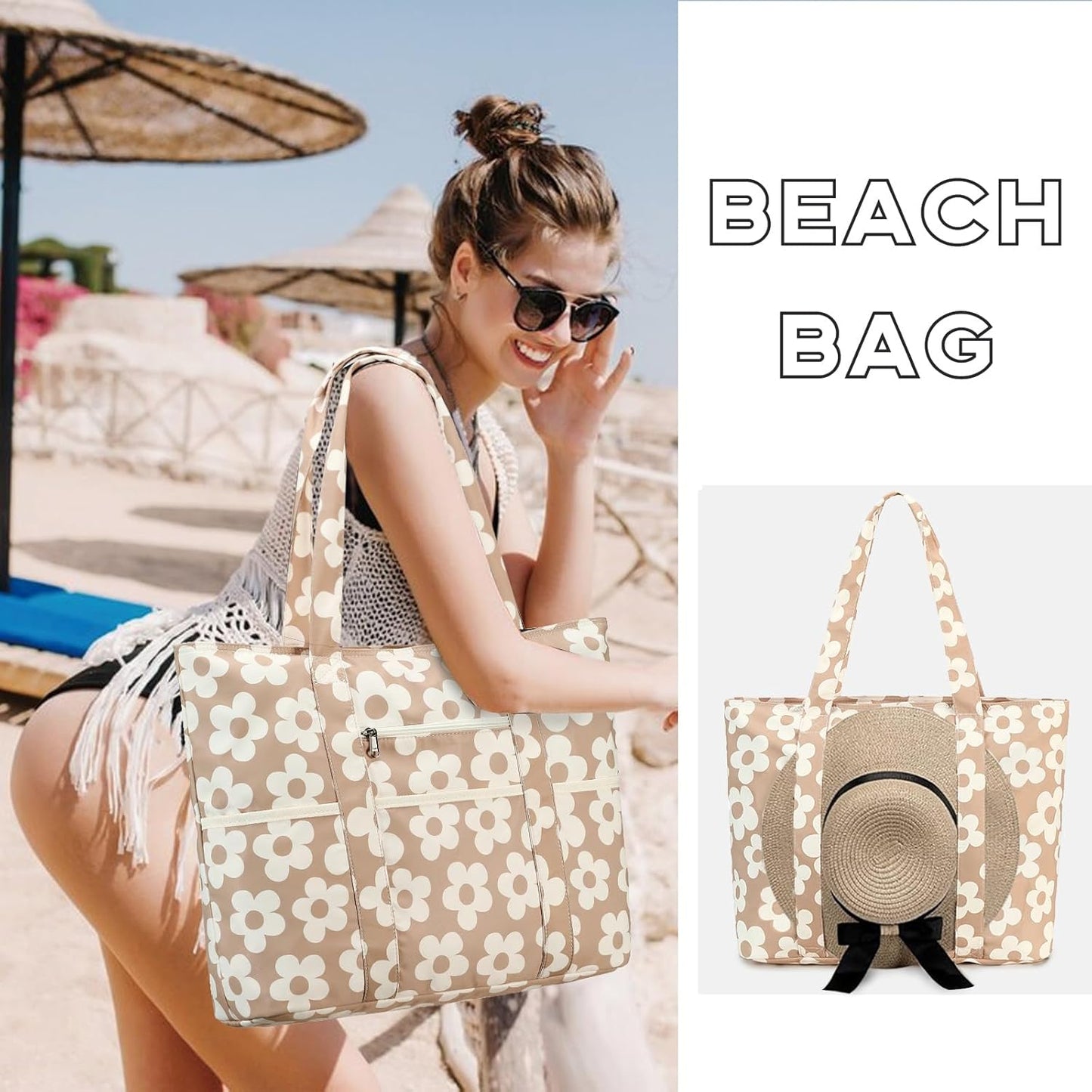 LEDAOU Beach Bags for Women, Beach Bags Waterproof Sandproof, Packable Beach Tote Bag with Zipper Travel Sports