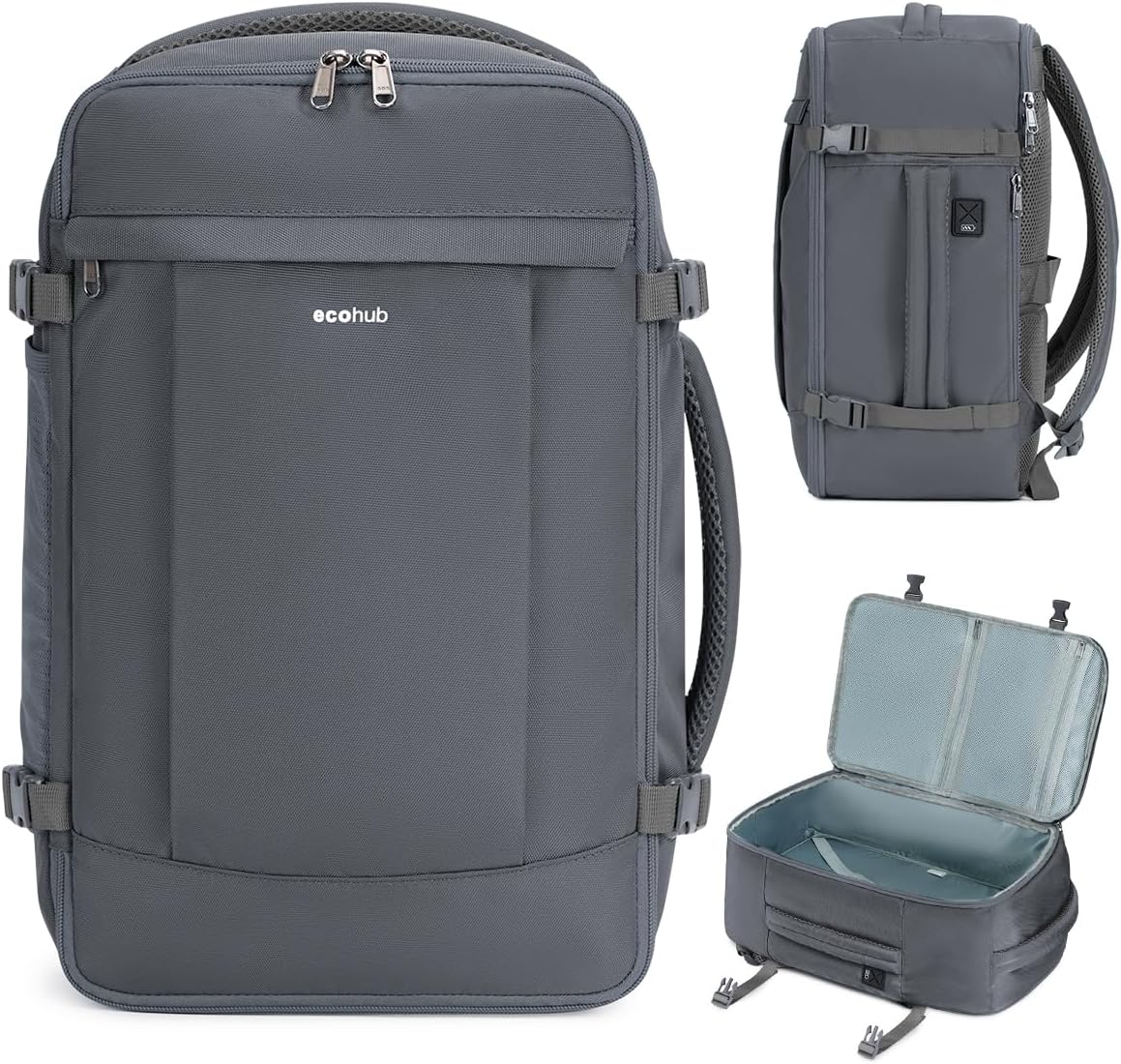 ECOHUB Travel Backpack for Men Women, Carry on Backpack with USB Charging Hole, Spirit Airlines Personal Item Bag Flight Approved, 15.6 Inch Laptop Backpack with Anti Theft Pockets, 30L, Grey