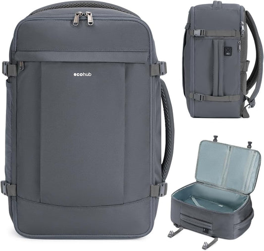 ECOHUB Travel Backpack for Men Women, Carry on Backpack with USB Charging Hole, Spirit Airlines Personal Item Bag Flight Approved, 15.6 Inch Laptop Backpack with Anti Theft Pockets, 30L, Grey