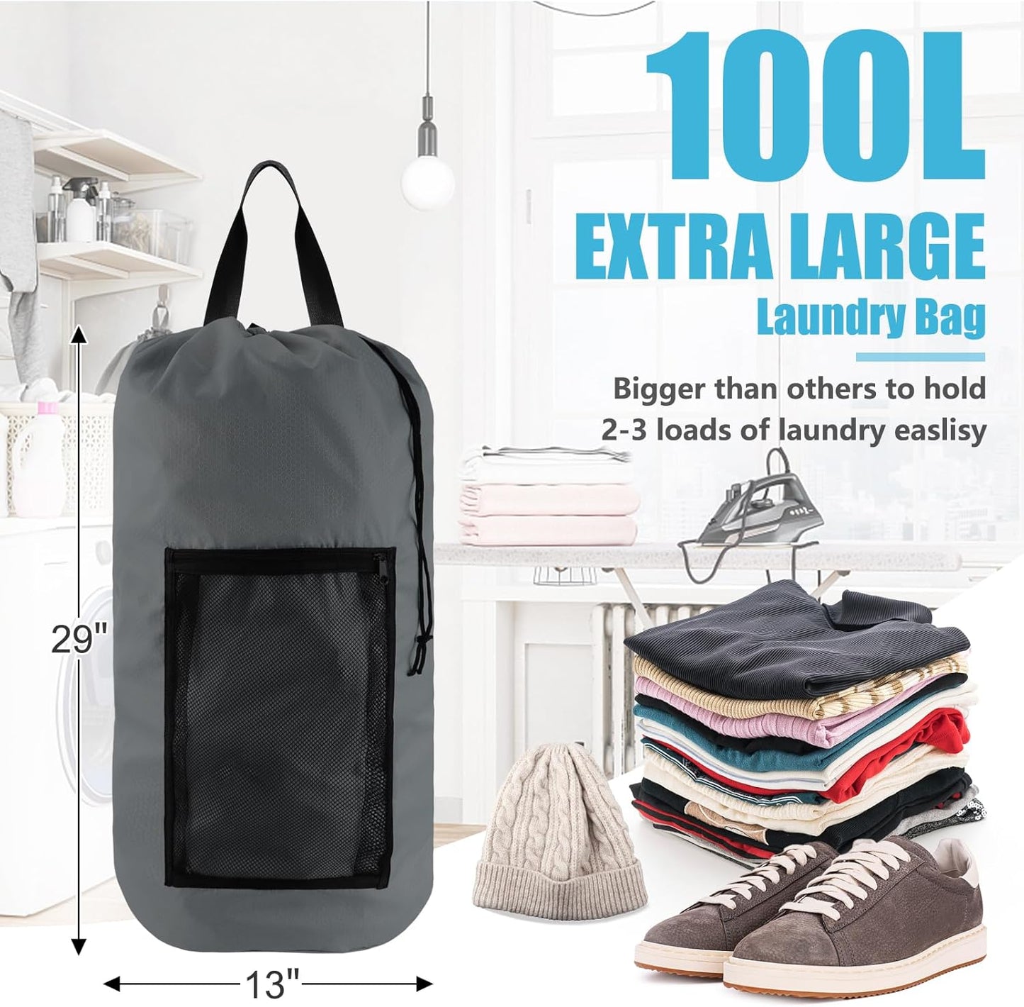 Laundry Bag Backpack, 2PCS Extra Large Travel Laundry Bag with Mesh Pocket & Adjustable Shoulder Straps,Dirty Clothes Travel Bag for College Students Dorm,Apartment(Grey)