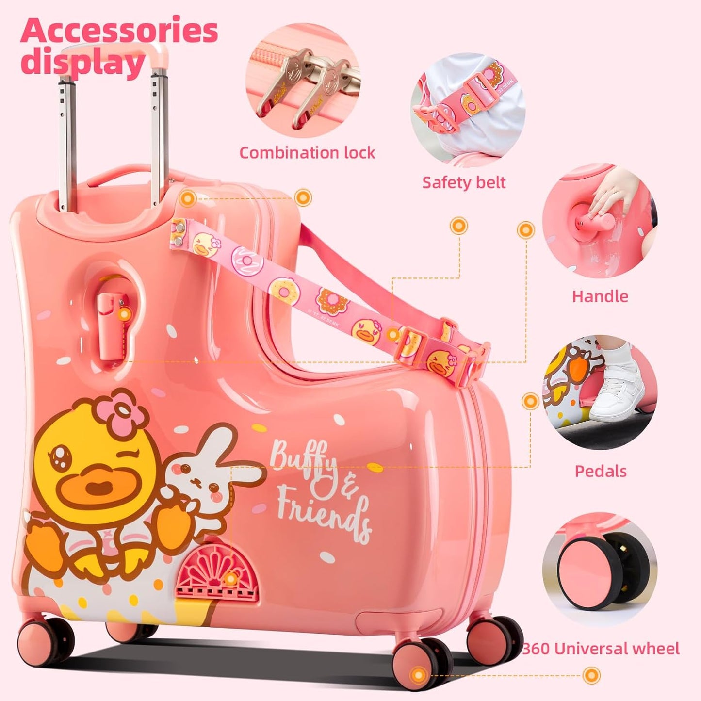 Kids' Lightweight Ride on Luggage with Spinner Wheels & Foldabe Design (Pink Rabbit, 24"+ Aged 3-12 Toddler)