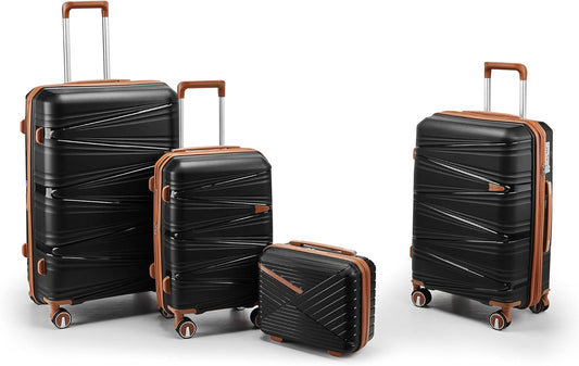 4-Piece Expandable Hardshell Luggage Set with TSA Lock (14/20/24/28) - Lightweight PP Suitcases, 360° Silent Spinner Wheels and Durable 100LB Handle for Air Travel (Black)