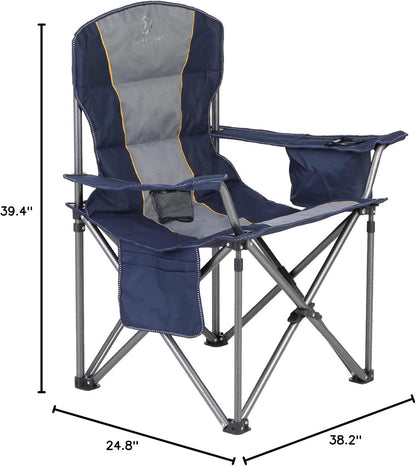 HIGH POINT SPORTS Oversized Portable Folding Camping Chair, Blue, 450 LBS Support, Sports Lawn Chair with Cup Holder and Cooler Bag
