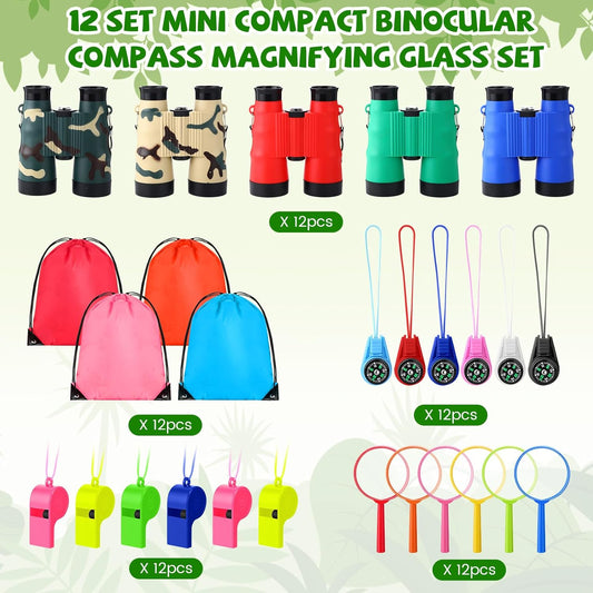 12 Set Binocular Compass Magnifying Glass Set Christmas Birthday Gift Small Telescope Binocular with Whistle Bag for Outdoor Exploring Stocking Stuffer(Fresh Color,Vivid)