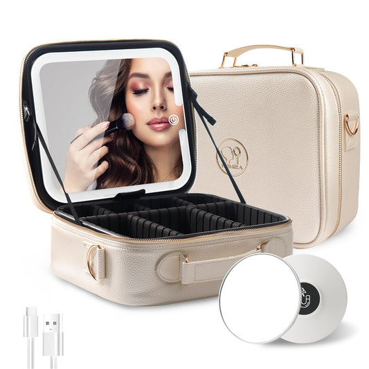 MOMIRA Travel Makeup Bag Cosmetic Bag with Lighted Mirror, Adjustable Brightness in 3 Color Scenarios/Detachable makeup mirror, All-round Upgrade, Waterproof, Gift for Women -Khaki