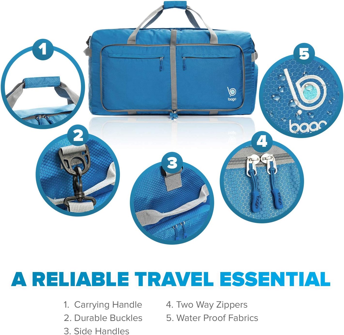 Bago Big XXL Foldable Duffel Bags for Traveling Women & Men - 140L Packable Duffle Bag for Travel with Shoe Compartment - Water Repellant, Heavy Duty, Lightweight Folding & Collapsible (Blue)