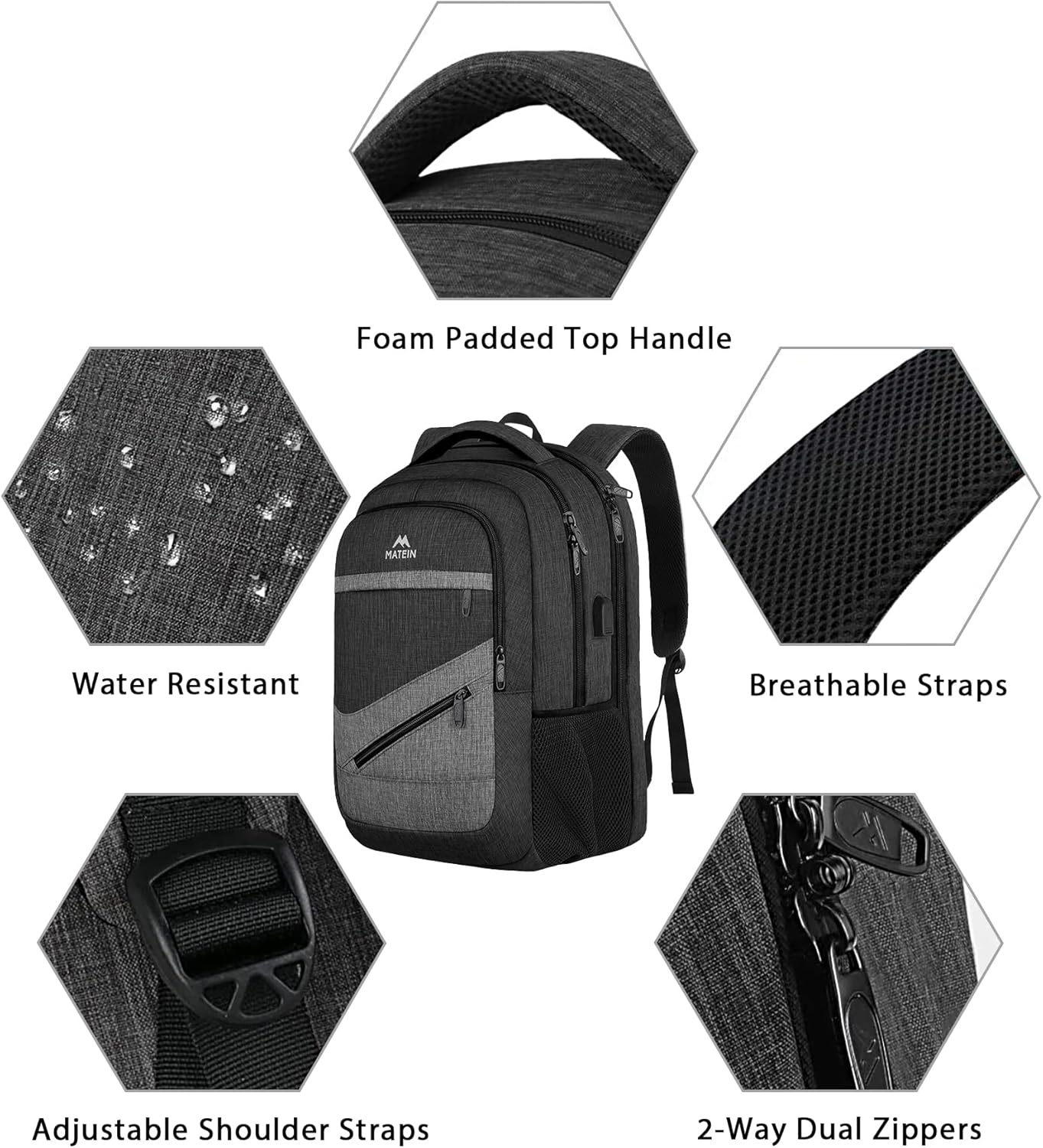 MATEIN 17 Inch Backpack for Men, Professional Work Office Laptop Backpack with USB Charging Port & Trolley Sleeve, Water Resistant Large College Daypack Travel Carry On, Black Grey