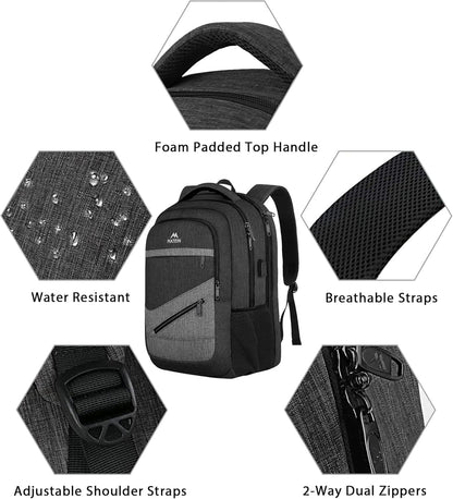 MATEIN 17 Inch Backpack for Men, Professional Work Office Laptop Backpack with USB Charging Port & Trolley Sleeve, Water Resistant Large College Daypack Travel Carry On, Black Grey