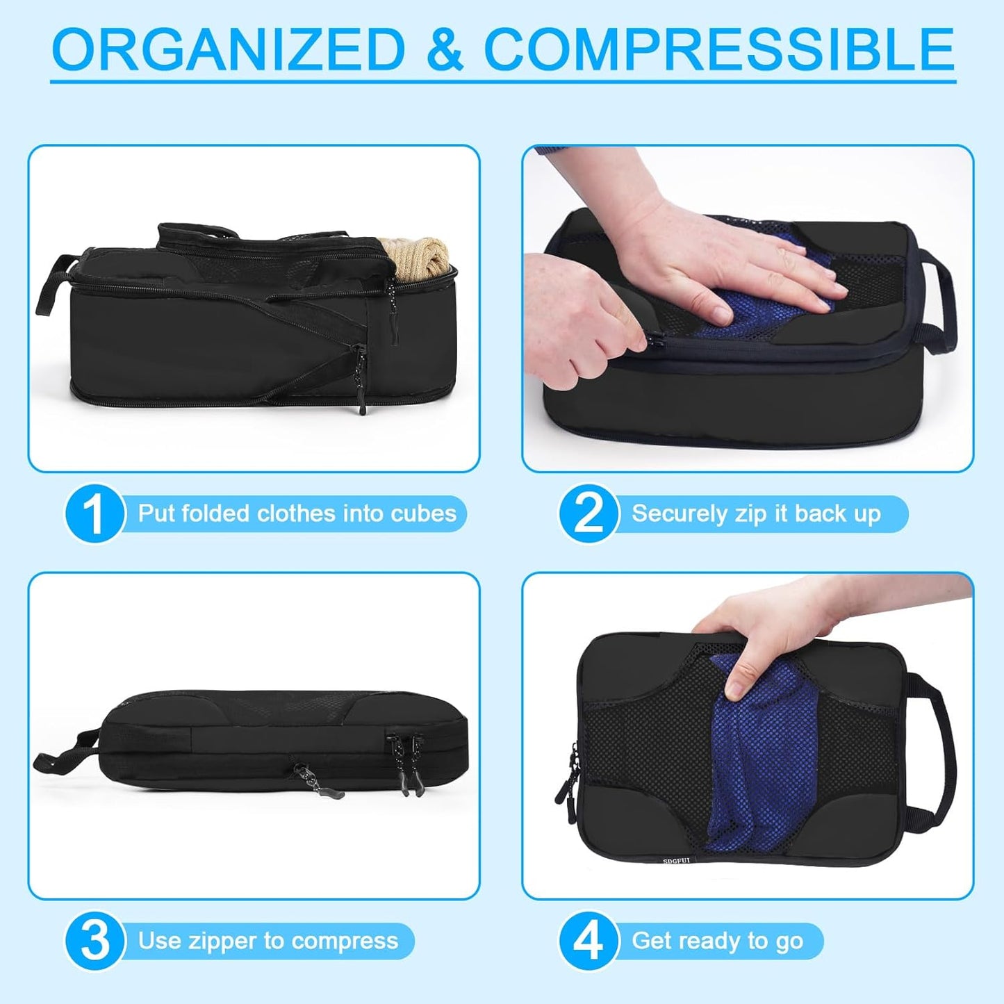 6 Set Compression Packing Cubes Bags for Travel Women, Compression Bags Organizer for Packing Luggage Space Saving, Suitcase Organizer Bags Set for Travel Essentials - Black