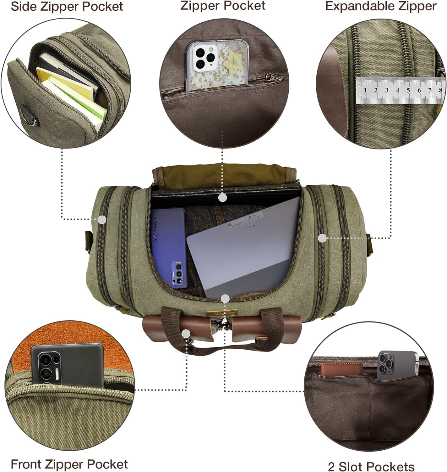 Wildroad 60L Travel Duffel Bag, Expandable Canvas Genuine Leather Duffle Bag Upgraded Overnight Weekender Bag Carry on Bag