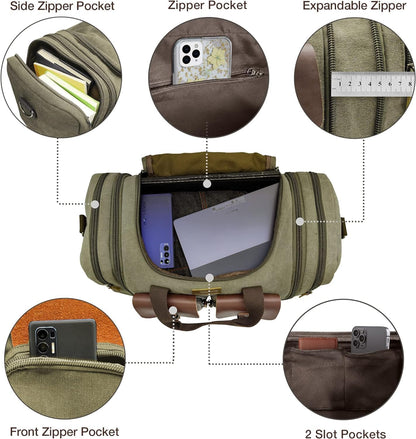 Wildroad 60L Travel Duffel Bag, Expandable Canvas Genuine Leather Duffle Bag Upgraded Overnight Weekender Bag Carry on Bag