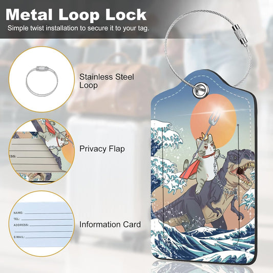 2Pack Luggage Tags for Suitcases, Cute Unique Pu Leather Cruise Luggage Tag with Privacy Cover ID Label Address Card and Metal Ring Suitable for Women Men Kids Travel Bag Dinosaurs and Cats