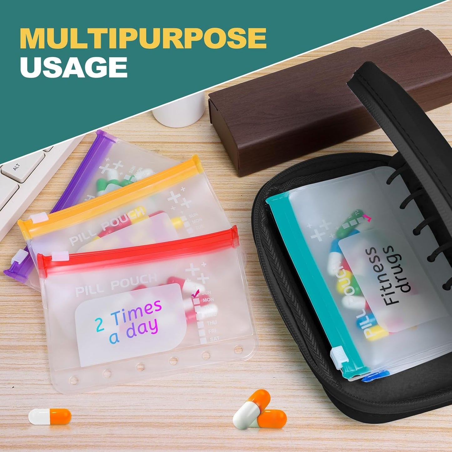 A7-L Water-Proof Pill Pouch Set， Large Pill Organizer, BPA Free, A7-L Pill Loose-Leaf Storage with Color-Coded Medicine Pouches, Reusable Travel Medicine Organizer， Zippered Pill Organizers Weekly