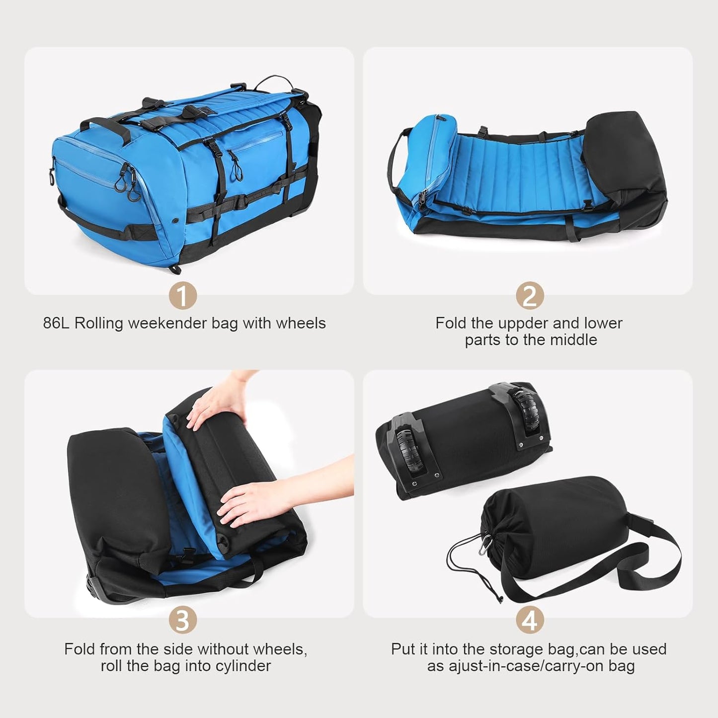 Rolling Duffle Bag with Wheels,86L 30”Folding Duffle Backpack with 2 Wheels,Travel Bag with Separate Shoe Compartment,Blue