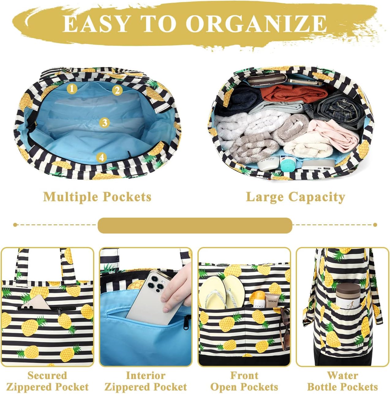 VASCHY Beach Bag for Women, Large Waterproof Sandproof Fold-able Packable Pool Tote Bag w Zipper/Pockets