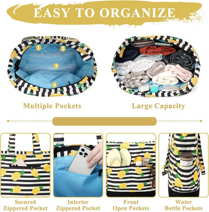 VASCHY Beach Bag for Women, Large Waterproof Sandproof Fold-able Packable Pool Tote Bag w Zipper/Pockets