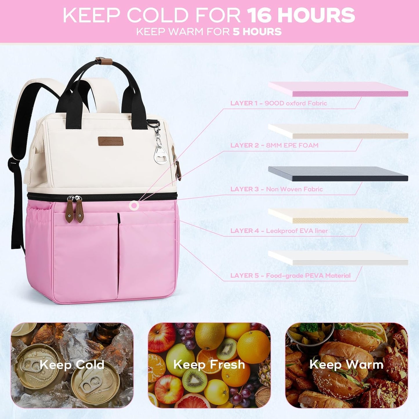 Maelstrom Cooler Backpack, 36 Cans Insulated Backpack Cooler, Soft Leakproof Double Deck Cooler Bag, Lightweight Lunch Backpack for Men & Women,Perfect for Beach Travel, Camping & Work-Beige Pink