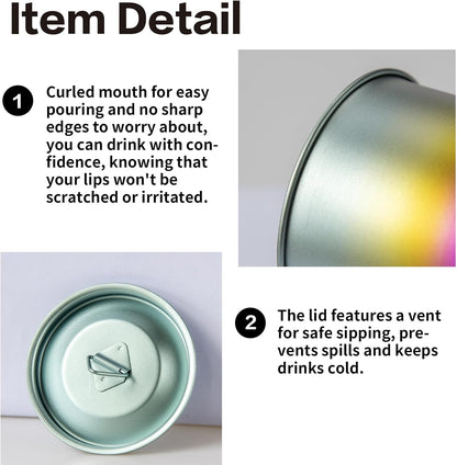 Titanium Camping Pot Mug 15oz (420ml) with Lid and Foldable Handle – Ultralight Camping Cup for Hiking, Backpacking, Outdoor Cooking, Rainbow