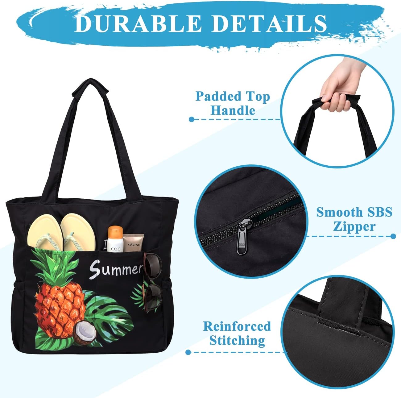 VASCHY Beach Bag for Women, Large Waterproof Sandproof Fold-able Packable Pool Tote Bag w Zipper/Pockets