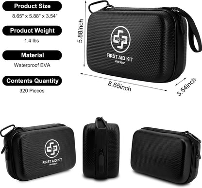 Premium First Aid Kit, 320 Piece Waterproof Hard Shell Eva First Aid Kit for Home, Camping, Cars, Hiking, Travel, Businesses & Outdoor Emergencies - Emergency Medical Kits (Black)