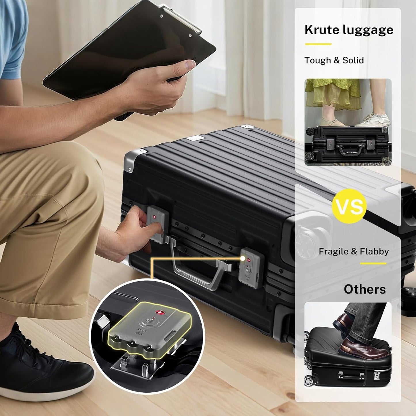 Krute Aluminum Frame Luggage 28 inch Zipperles Suitcase With Spinner Wheels USB Charger Hardside PC Large Luggages Checked Suitcases with TSA Lock (1 Piece)