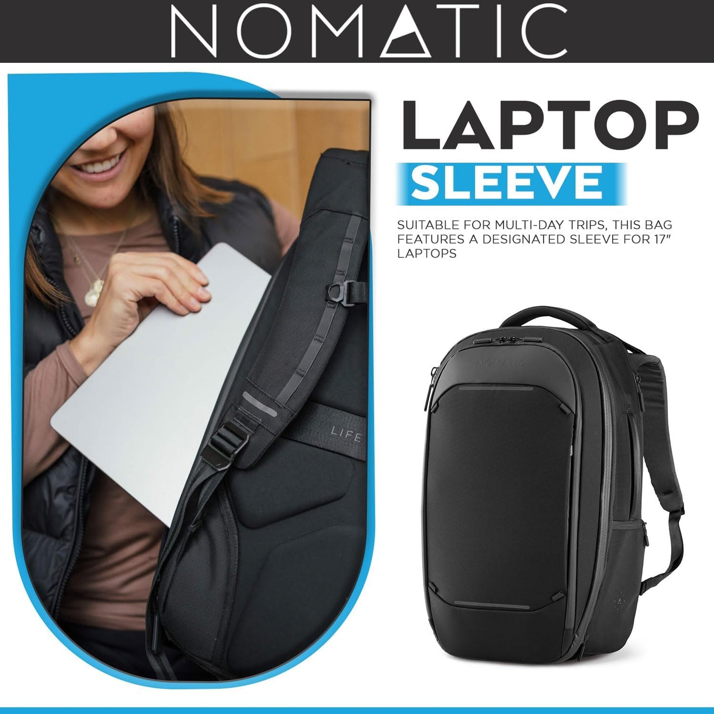 NOMATIC Navigator Travel Backpack - 32L Backpack with Laptop Compartment and 9L Built-In Expansion - Anti-Theft Carry-On Backpack for Travel - Water Resistant Travel Pack (Black)
