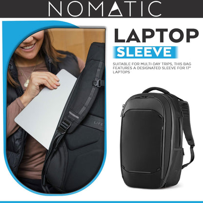 NOMATIC Navigator Travel Backpack - 32L Backpack with Laptop Compartment and 9L Built-In Expansion - Anti-Theft Carry-On Backpack for Travel - Water Resistant Travel Pack (Black)