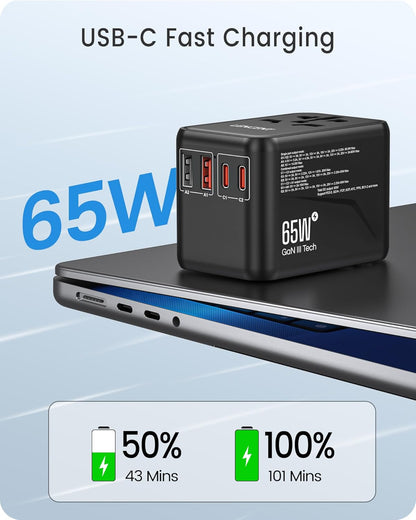LENCENT Universal Travel Adapter, GaN3 65W International Charger with 2 QC4.0 USB-A+ 2 PD3.0 Type-C PPS Fast Charging, Worldwide European Outlet Adaptor for iPhone,Samsung,Laptops, USA/UK/EU/AUS