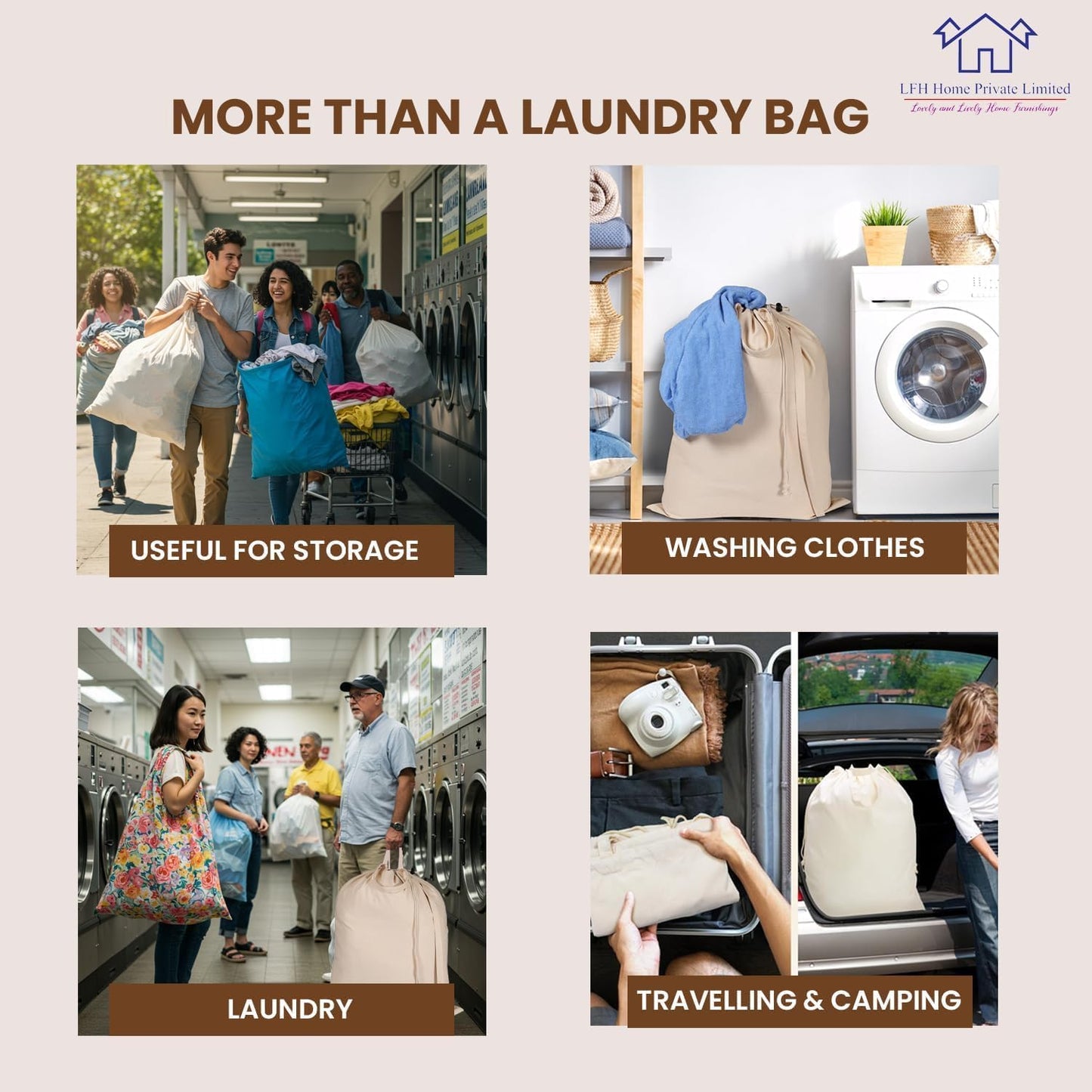 LFH Home Large Premium 100% Cotton Canvas Laundry Bag with Drawstring and Handles Heavy Duty, Multi-Use, and Washable for Home, Travel, College or Storage 20x30 (Pack of 2)-Natural Thanks Giving