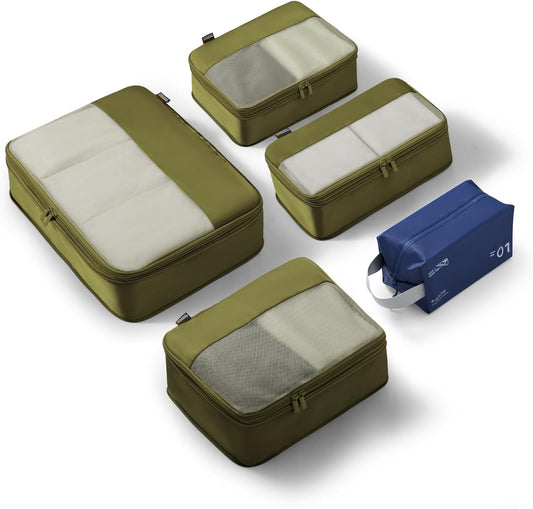 5 Set Compression Packing Cubes for Travel, Space Saving Luggage Organizer Bags (Army Green)