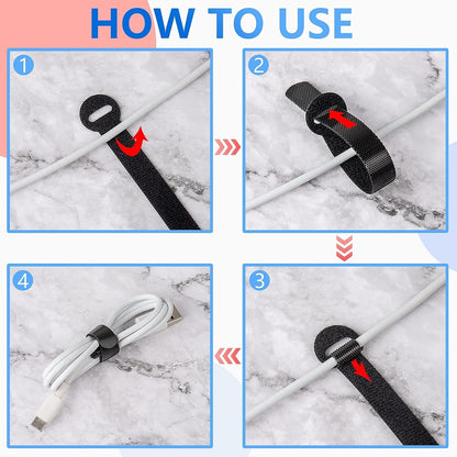 100 x Colourful Reusable Cable Ties, Cable Straps, Adjustable Cable Ties, Strong Hook and Loop Cable Straps with Buckle for TV Cables, PC Cables and Desk Organisation