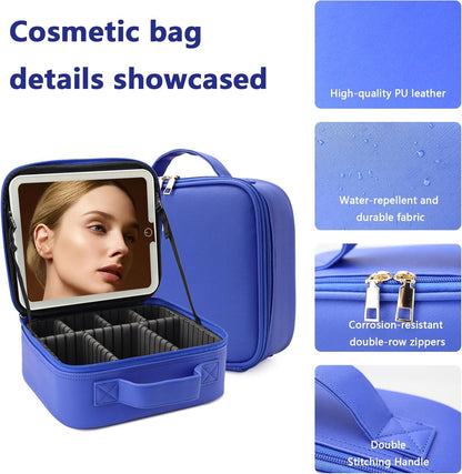 Travel Makeup Bag with LED Lighted Mirror, Travel Makeup Organizer,3 Color Setting Cosmetic Makeup Box, Adjustable Dividers and Brush Holder（dark blue）
