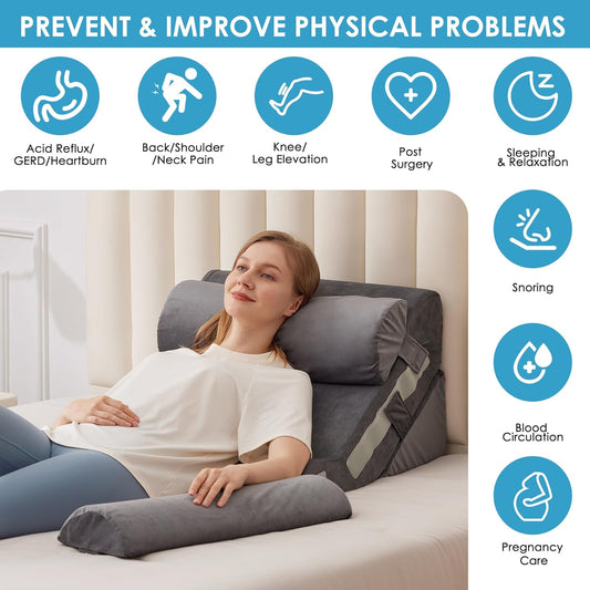4PCS Bed Wedge Pillow for Headboard, Adjustable Wedge Pillow for Sleep Apnea, 23” Wide Triangle Pillow Wedge Set for After Surgery, Acid Reflux Relief, Snoring, Neck&Back Support, Grey