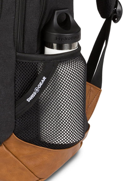 SwissGear 5505 Cecil 16” Laptop Backpack Black Canvas/Brown – Daily Laptop Bag with Gear Attachment Options – Multiple Organizer Pockets & Padded Shoulder Straps