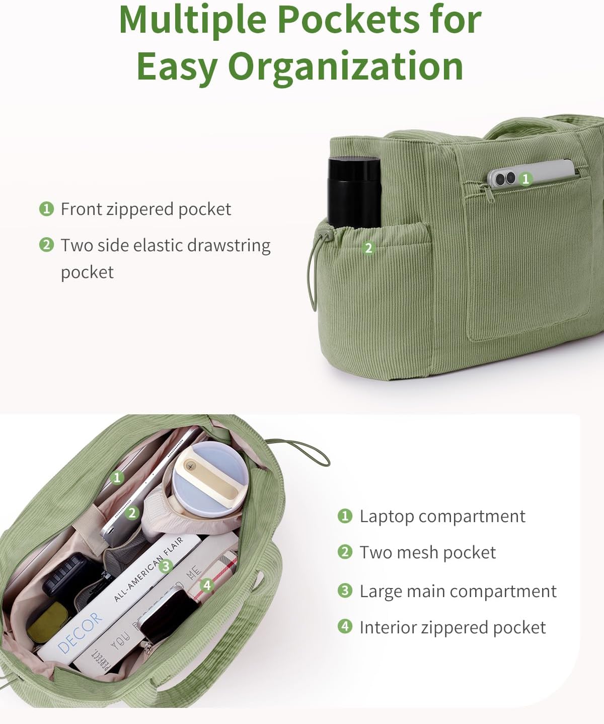 ECOHUB Tote Bag for Women, Work Tote Bags with Laptop Compartment, Large Corduroy Tote Bag with Stanley Cup Holder